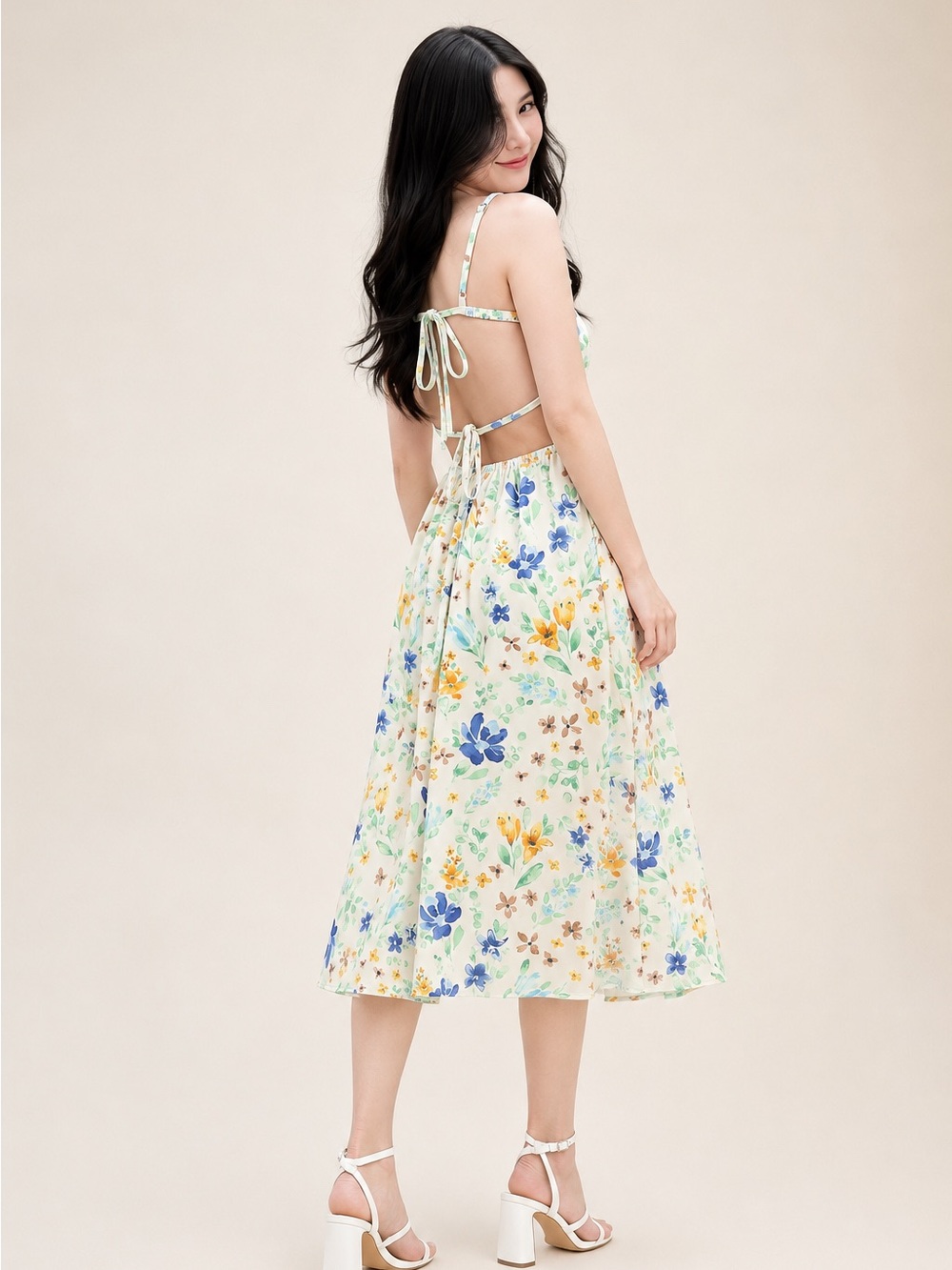 Floral Tie-Back Midi Dress in Cream and Blue
